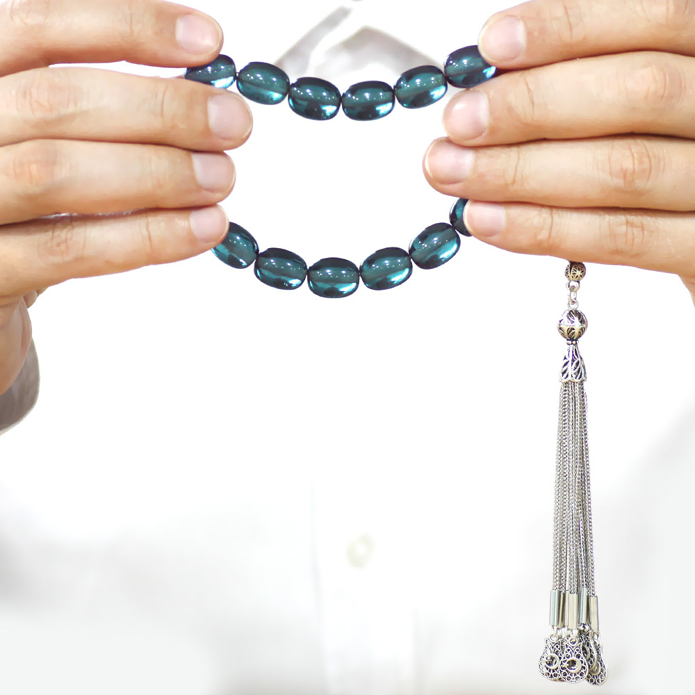 Ateş Kehribar Efe Tesbih - 10 lu Kamçı Kararmaz Metal Püsküllü - Turkuaz Renk - Özel Kesim - 3