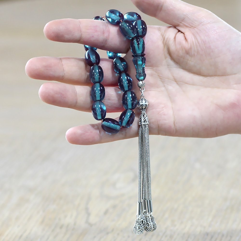 Ateş Kehribar Efe Tesbih - 10 lu Kamçı Kararmaz Metal Püsküllü - Turkuaz Renk - Özel Kesim - 2