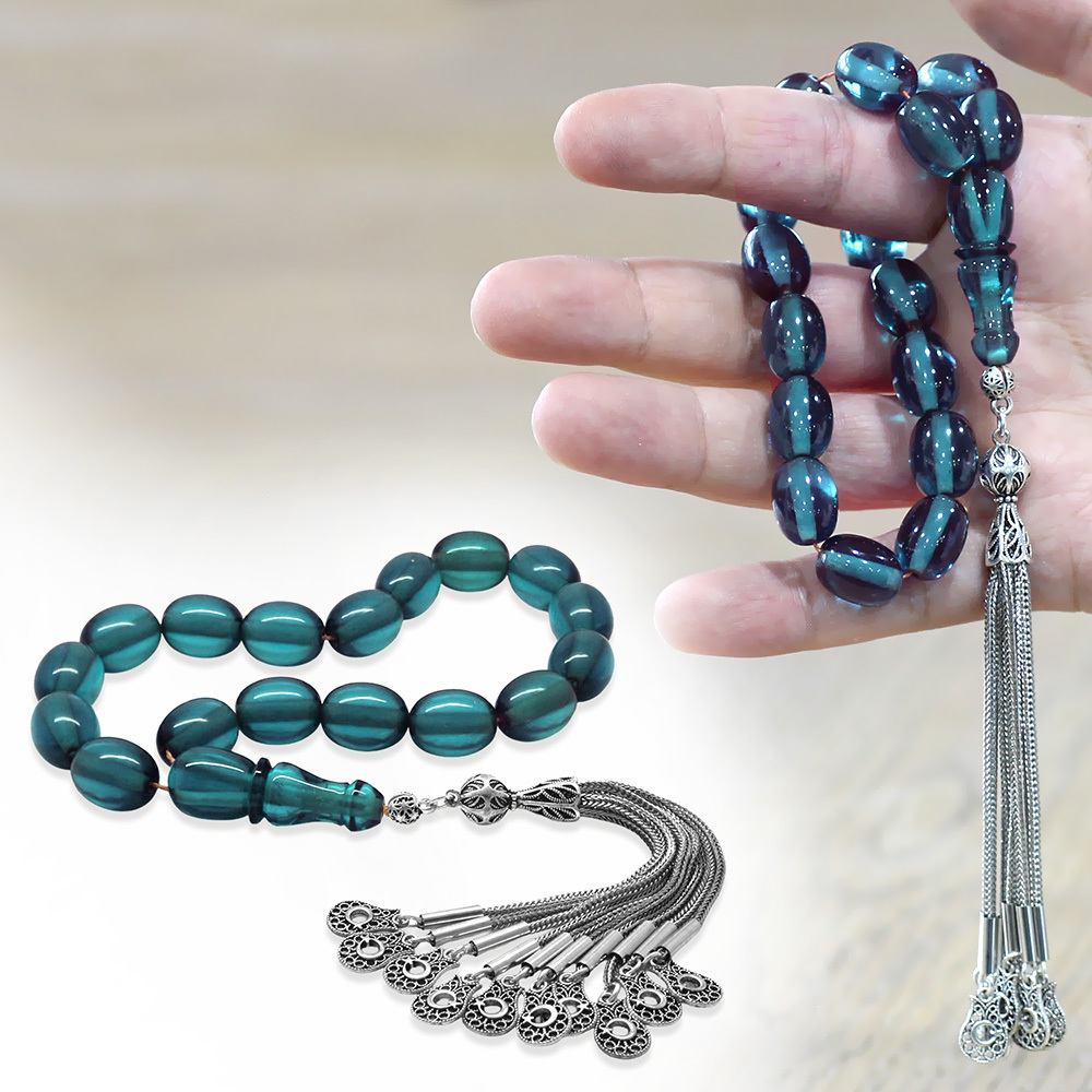 Ateş Kehribar Efe Tesbih - 10 lu Kamçı Kararmaz Metal Püsküllü - Turkuaz Renk - Özel Kesim - 1