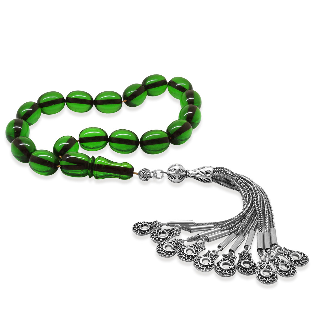Ateş Kehribar Efe Tesbih - 10 lu Kamçı Kararmaz Metal Püsküllü - Yeşil Renk - Özel Kesim - 4