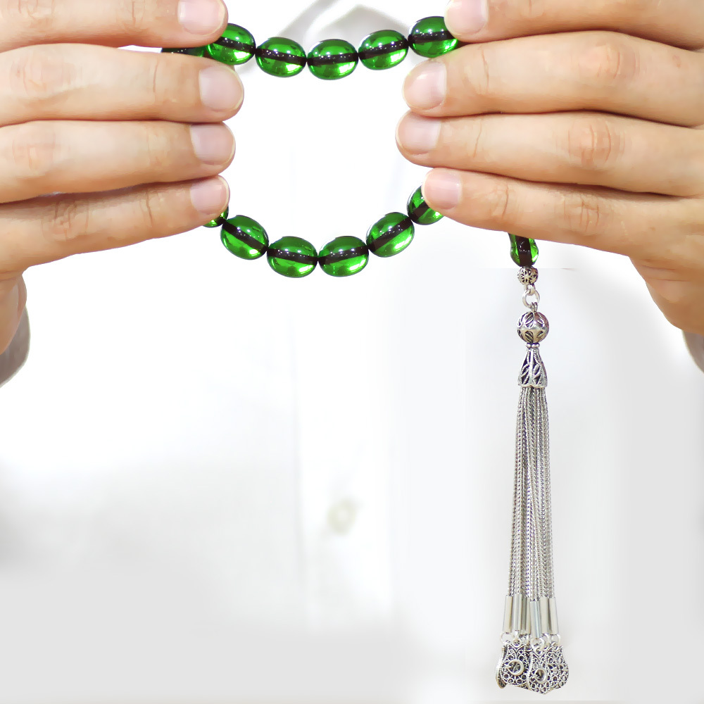 Ateş Kehribar Efe Tesbih - 10 lu Kamçı Kararmaz Metal Püsküllü - Yeşil Renk - Özel Kesim - 3