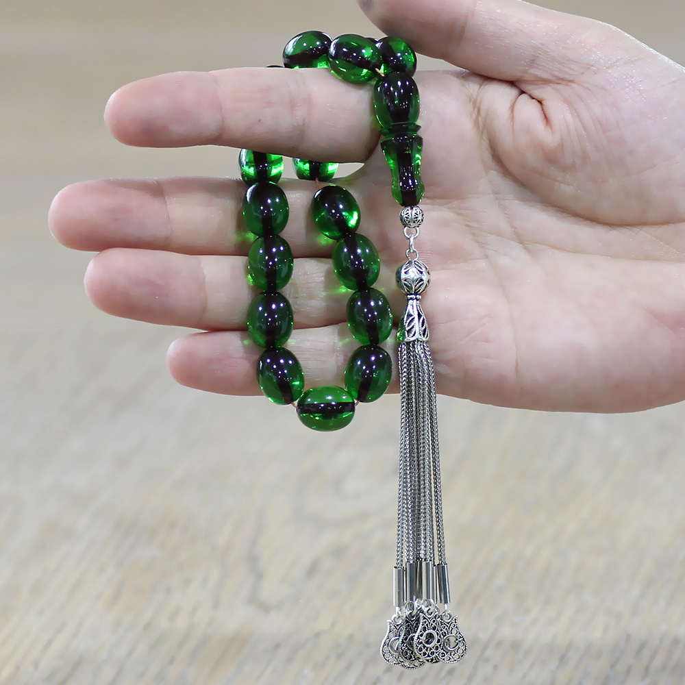 Ateş Kehribar Efe Tesbih - 10 lu Kamçı Kararmaz Metal Püsküllü - Yeşil Renk - Özel Kesim - 2