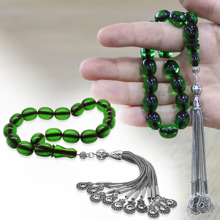 Ateş Kehribar Efe Tesbih - 10 lu Kamçı Kararmaz Metal Püsküllü - Yeşil Renk - Özel Kesim - Tesbihane