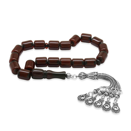 Ateş Kehribar Efe Tesbih - 3 Kamçılı Kararmaz Metal Püsküllü - Bordo Renk - Kapsül Kesim - Tesbihane