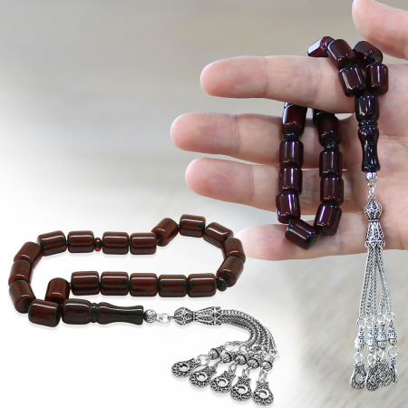 Ateş Kehribar Efe Tesbih - 3 Kamçılı Kararmaz Metal Püsküllü - Bordo Renk - Kapsül Kesim - Tesbihane