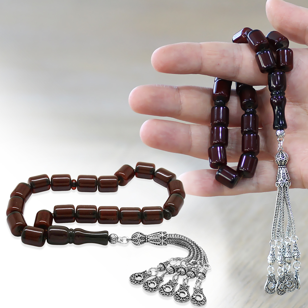 Ateş Kehribar Efe Tesbih - 3 Kamçılı Kararmaz Metal Püsküllü - Bordo Renk - Kapsül Kesim - 1