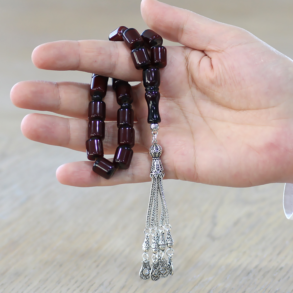 Ateş Kehribar Efe Tesbih - 3 Kamçılı Kararmaz Metal Püsküllü - Bordo Renk - Kapsül Kesim - 2