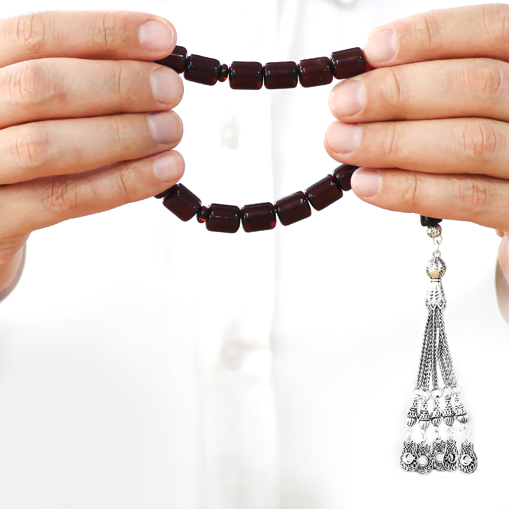 Ateş Kehribar Efe Tesbih - 3 Kamçılı Kararmaz Metal Püsküllü - Bordo Renk - Kapsül Kesim - 3