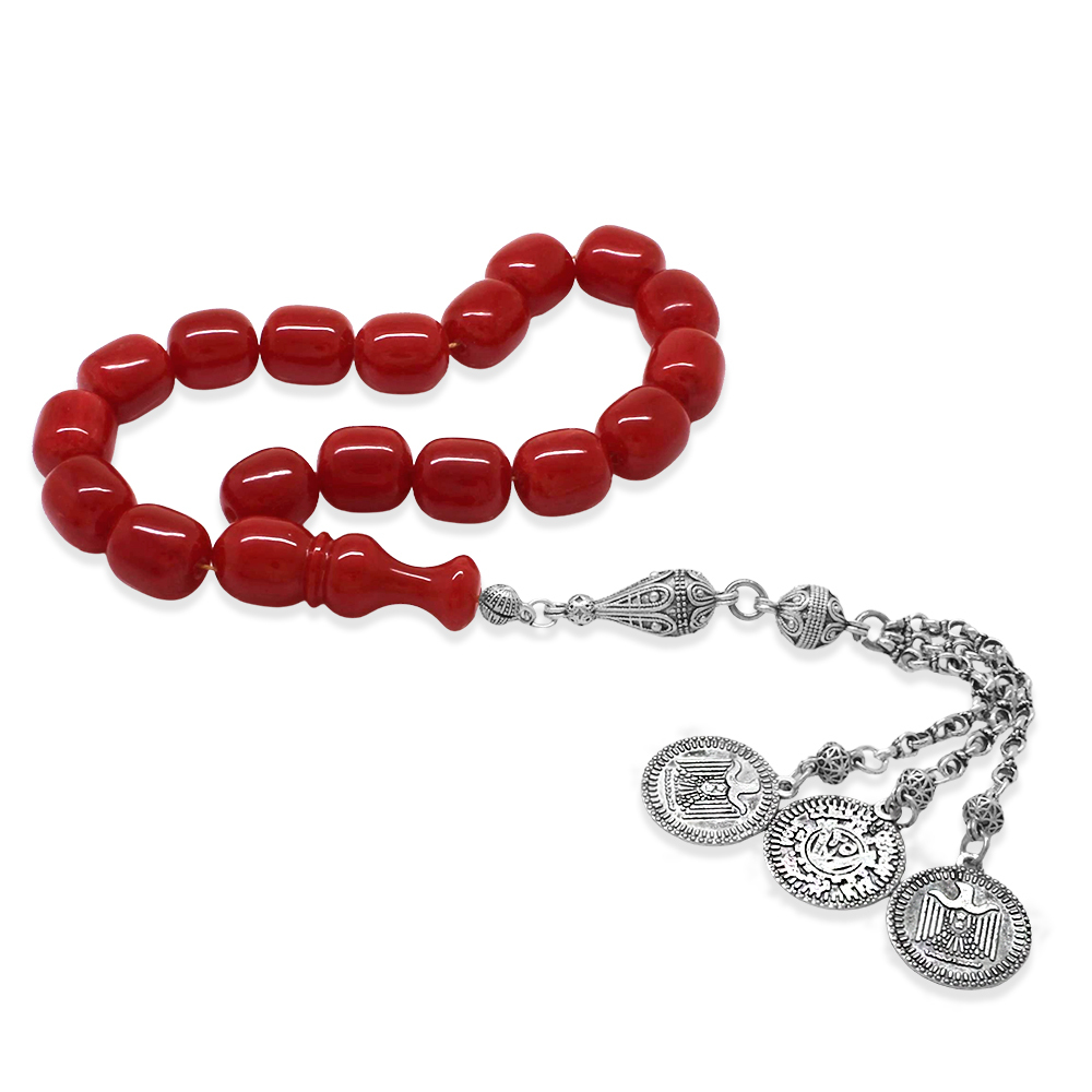 Ateş Kehribar Efe Tesbih - 3 Kamçılı Kararmaz Metal Püsküllü - Kırmızı Renk - Kapsül Kesim - 1