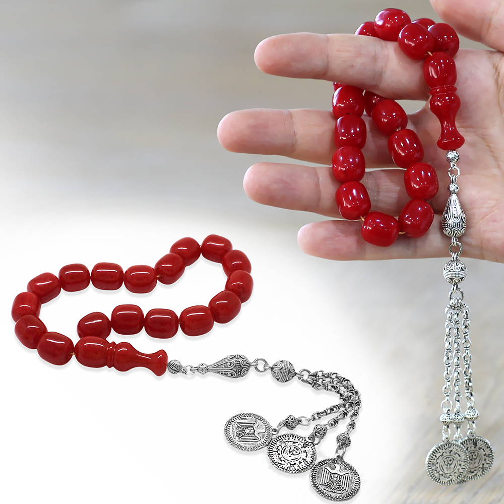 Ateş Kehribar Efe Tesbih - 3 Kamçılı Kararmaz Metal Püsküllü - Kırmızı Renk - Kapsül Kesim - 1