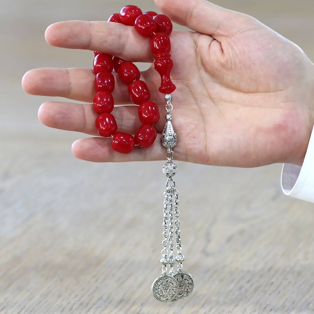 Ateş Kehribar Efe Tesbih - 3 Kamçılı Kararmaz Metal Püsküllü - Kırmızı Renk - Kapsül Kesim - 2