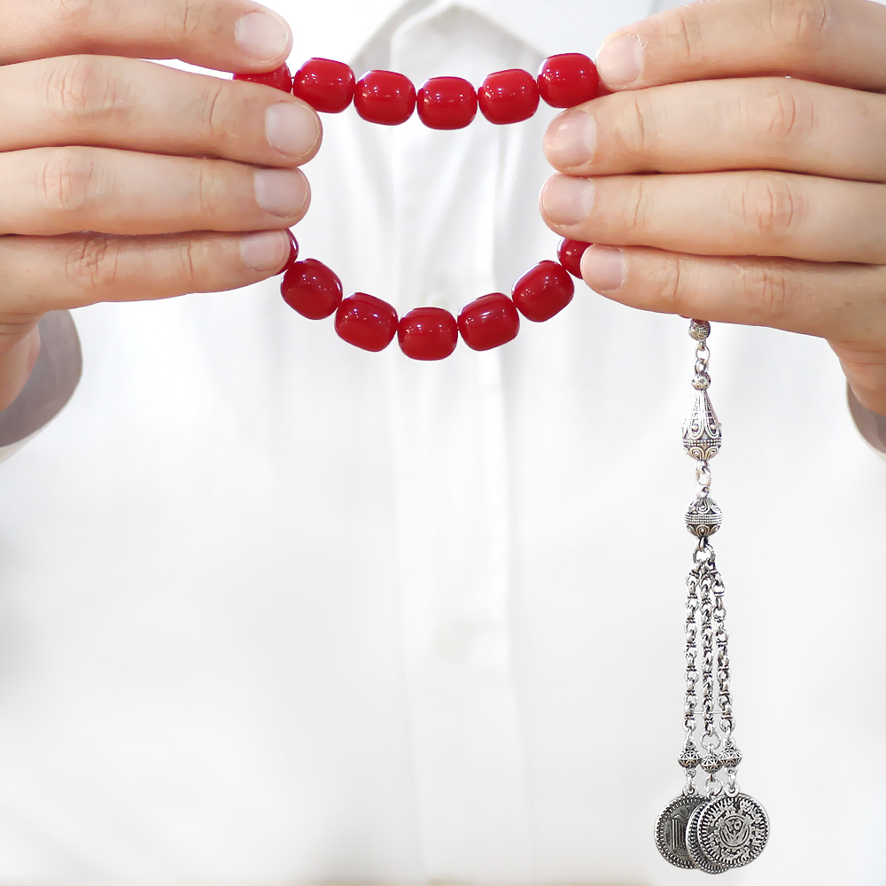 Ateş Kehribar Efe Tesbih - 3 Kamçılı Kararmaz Metal Püsküllü - Kırmızı Renk - Kapsül Kesim - 3