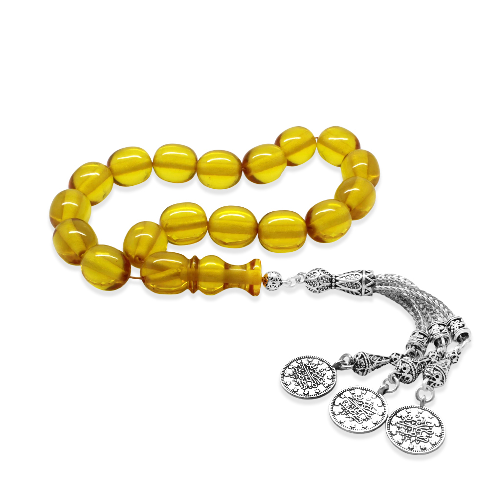 Ateş Kehribar Efe Tesbih - 3 Kamçılı Kararmaz Metal Püsküllü - Sarı Renk - Kapsül Kesim - 1