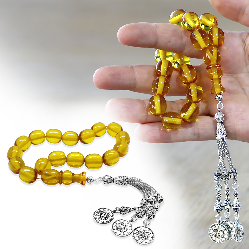 Ateş Kehribar Efe Tesbih - 3 Kamçılı Kararmaz Metal Püsküllü - Sarı Renk - Kapsül Kesim - 1