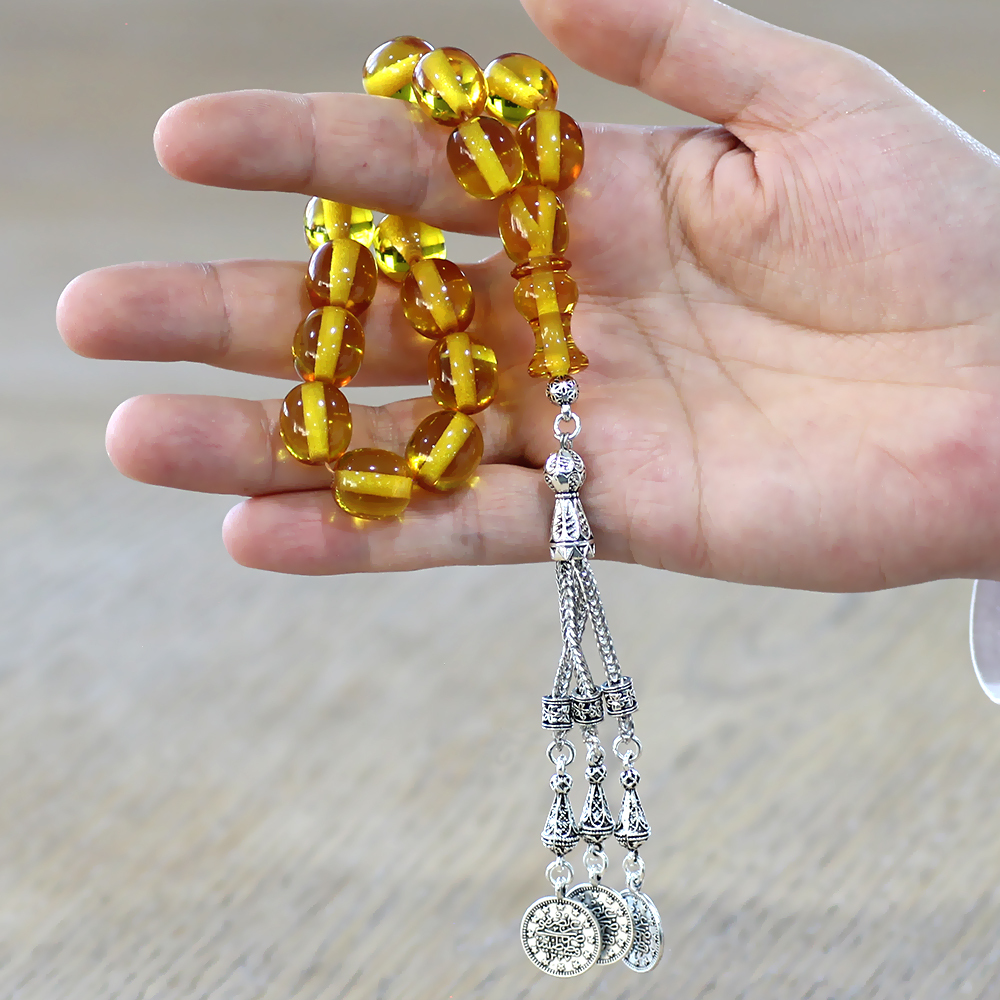 Ateş Kehribar Efe Tesbih - 3 Kamçılı Kararmaz Metal Püsküllü - Sarı Renk - Kapsül Kesim - 2