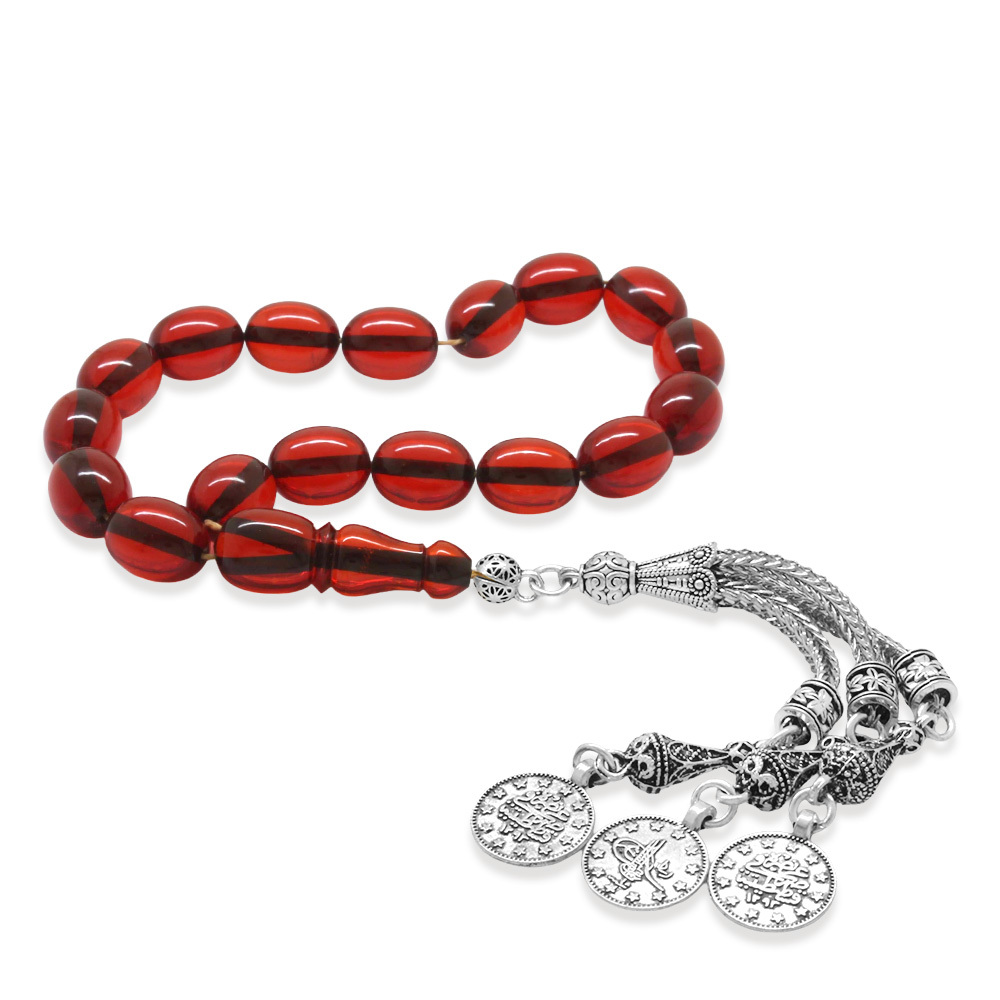 Ateş Kehribar Efe Tesbih - 3 lü Kamçı Kararmaz Metal Püsküllü - Kırmızı Renk - Özel Kesim - 4