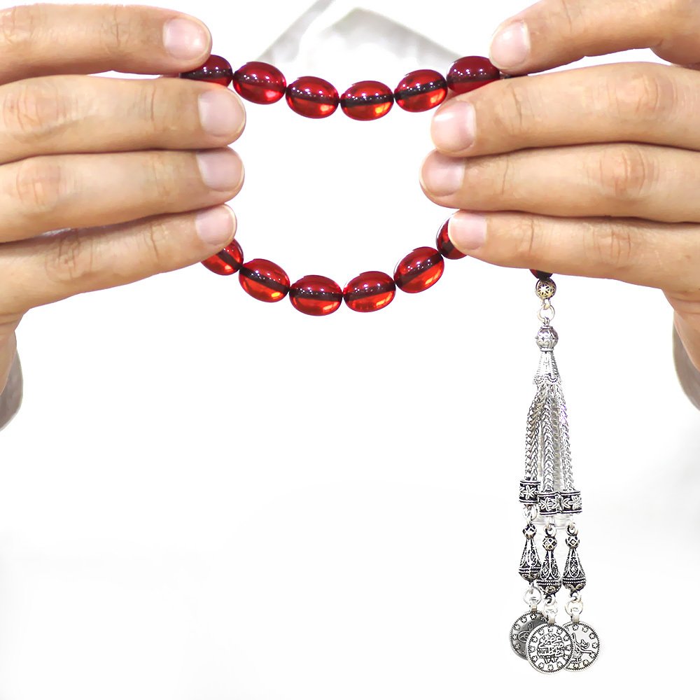 Ateş Kehribar Efe Tesbih - 3 lü Kamçı Kararmaz Metal Püsküllü - Kırmızı Renk - Özel Kesim - 3