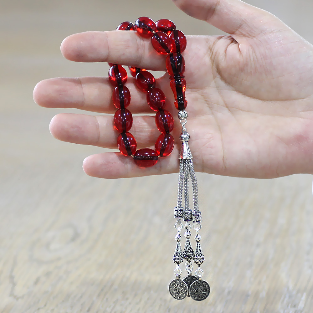 Ateş Kehribar Efe Tesbih - 3 lü Kamçı Kararmaz Metal Püsküllü - Kırmızı Renk - Özel Kesim - 2