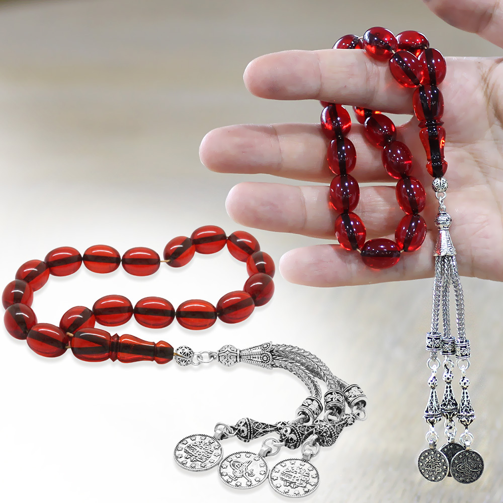 Ateş Kehribar Efe Tesbih - 3 lü Kamçı Kararmaz Metal Püsküllü - Kırmızı Renk - Özel Kesim - 1