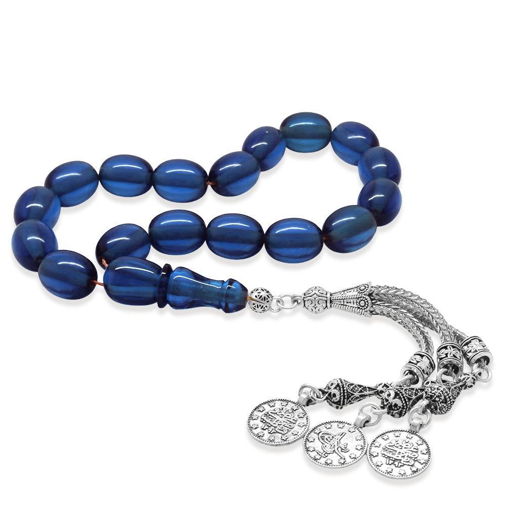 Ateş Kehribar Efe Tesbih - 3 lü Kamçı Kararmaz Metal Püsküllü - Mavi Renk - Özel Kesim - 4