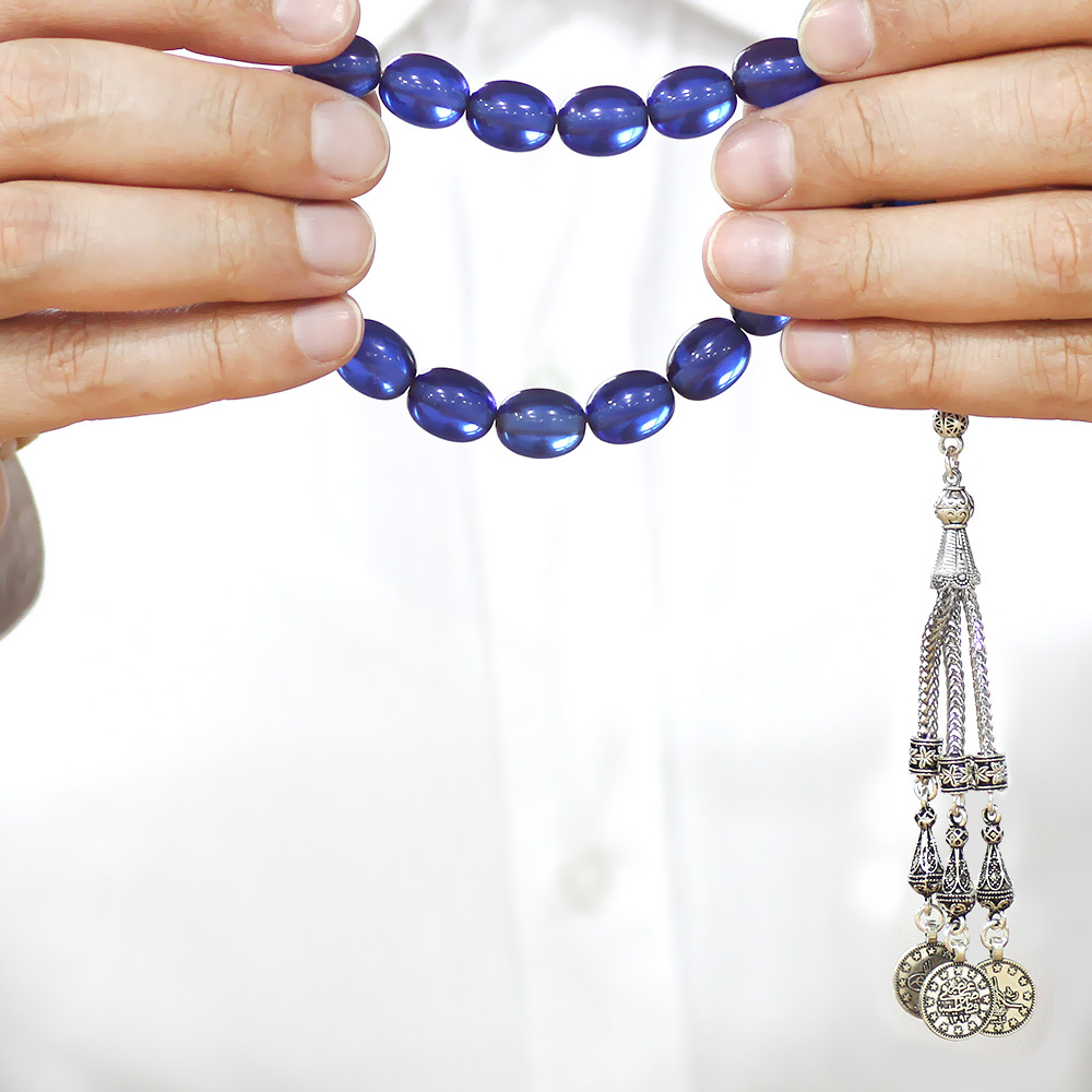 Ateş Kehribar Efe Tesbih - 3 lü Kamçı Kararmaz Metal Püsküllü - Mavi Renk - Özel Kesim - 3