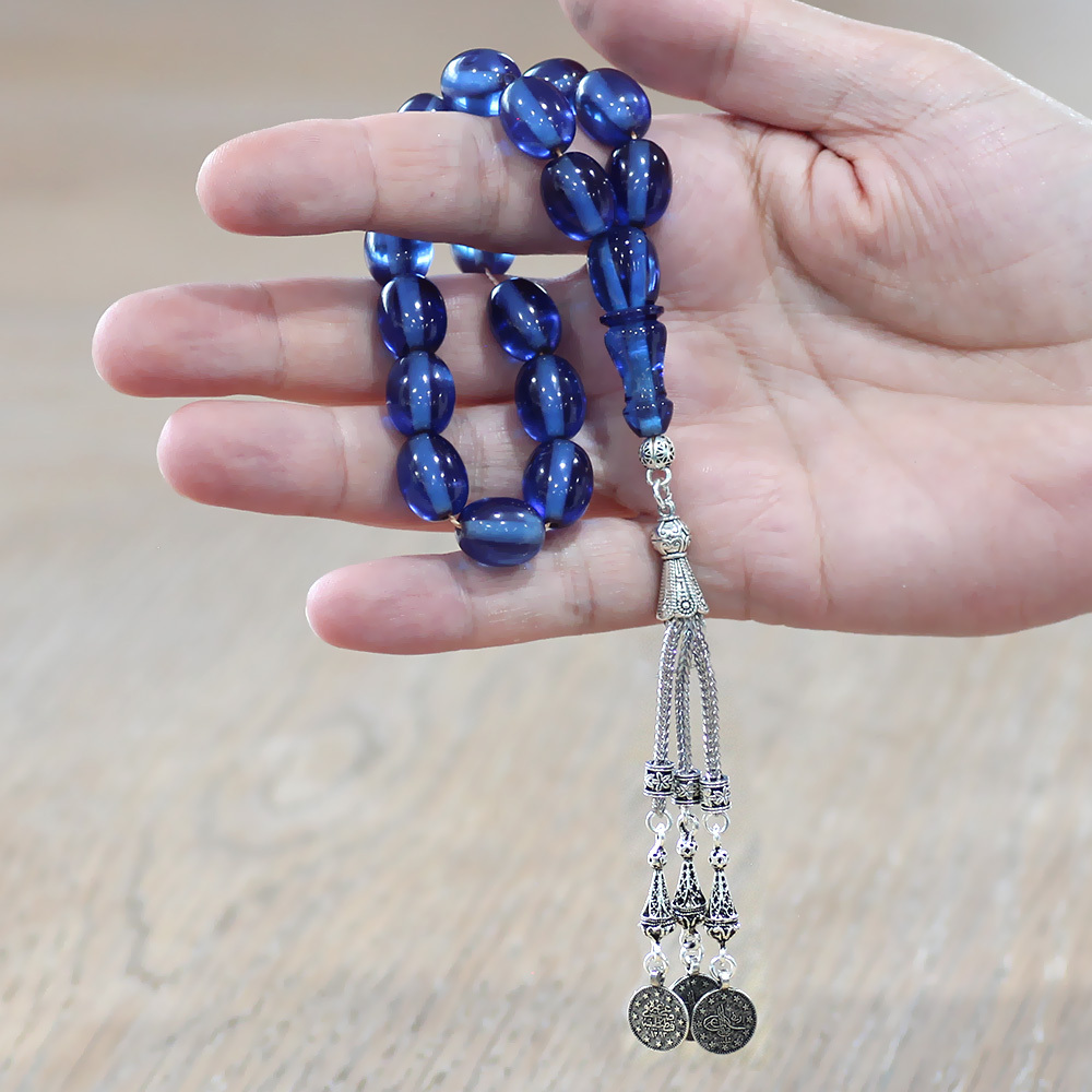 Ateş Kehribar Efe Tesbih - 3 lü Kamçı Kararmaz Metal Püsküllü - Mavi Renk - Özel Kesim - 2