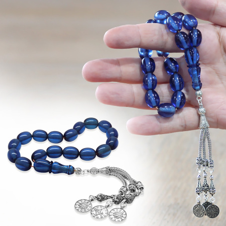 Ateş Kehribar Efe Tesbih - 3 lü Kamçı Kararmaz Metal Püsküllü - Mavi Renk - Özel Kesim - Tesbihane