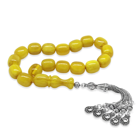 Ateş Kehribar Efe Tesbih - 5 Kamçılı Kararmaz Metal Püsküllü - Hareli Sarı Renk - Kapsül Kesim - Tesbihane