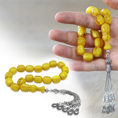 Ateş Kehribar Efe Tesbih - 5 Kamçılı Kararmaz Metal Püsküllü - Hareli Sarı Renk - Kapsül Kesim - Tesbihane