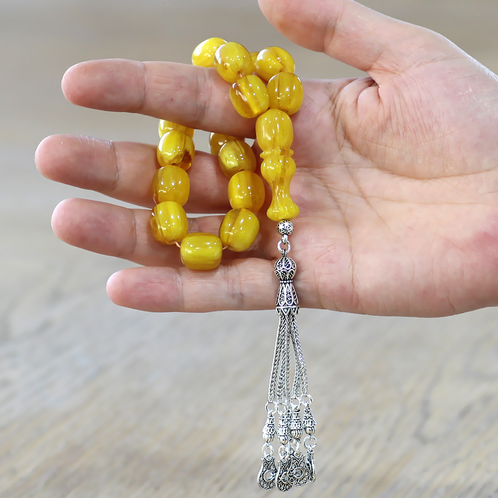 Ateş Kehribar Efe Tesbih - 5 Kamçılı Kararmaz Metal Püsküllü - Hareli Sarı Renk - Kapsül Kesim - 2