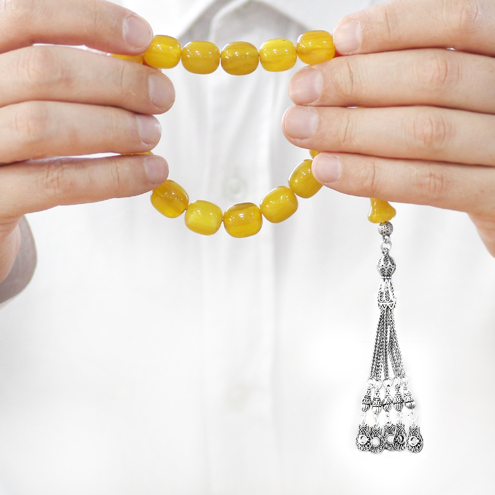 Ateş Kehribar Efe Tesbih - 5 Kamçılı Kararmaz Metal Püsküllü - Hareli Sarı Renk - Kapsül Kesim - 3