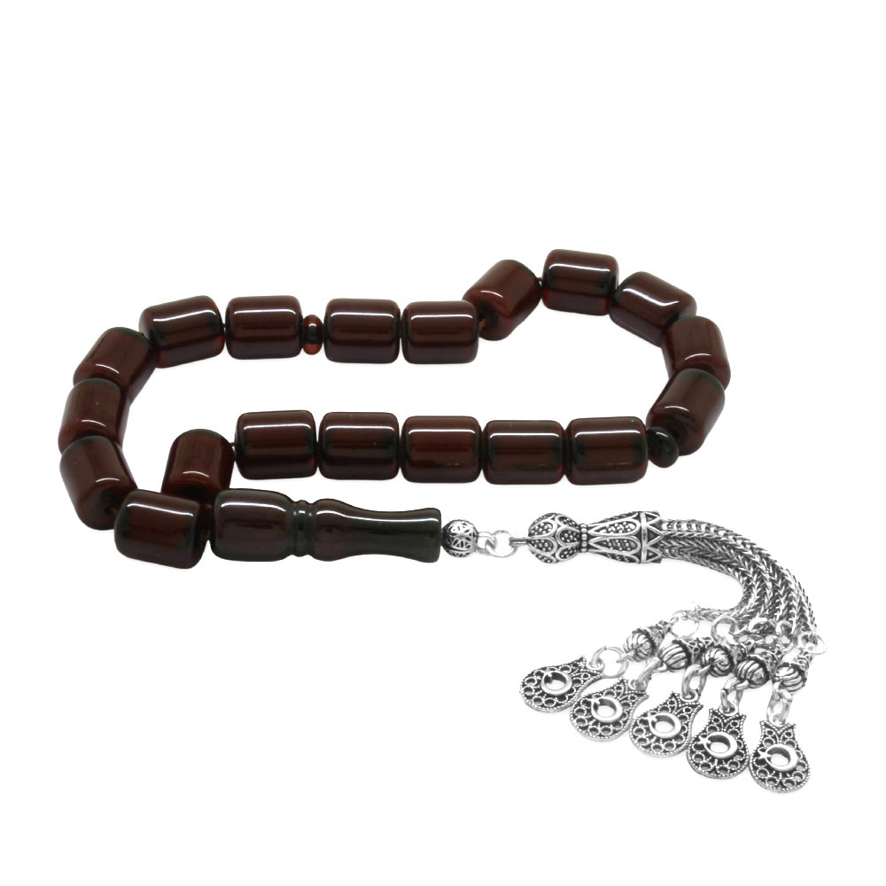 Ateş Kehribar Efe Tesbih - 5 Kamçılı Kararmaz Metal Püsküllü - Koyu Kırmızı Renk - Kapsül Kesim - 1