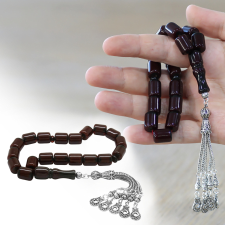 Ateş Kehribar Efe Tesbih - 5 Kamçılı Kararmaz Metal Püsküllü - Koyu Kırmızı Renk - Kapsül Kesim - Tesbihane