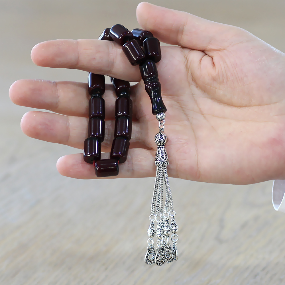 Ateş Kehribar Efe Tesbih - 5 Kamçılı Kararmaz Metal Püsküllü - Koyu Kırmızı Renk - Kapsül Kesim - 2