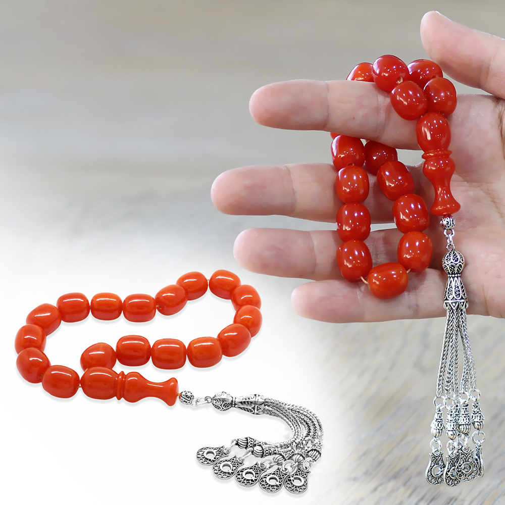 Ateş Kehribar Efe Tesbih - 5 Kamçılı Kararmaz Metal Püsküllü - Turuncu Renk - Kapsül Kesim - 1