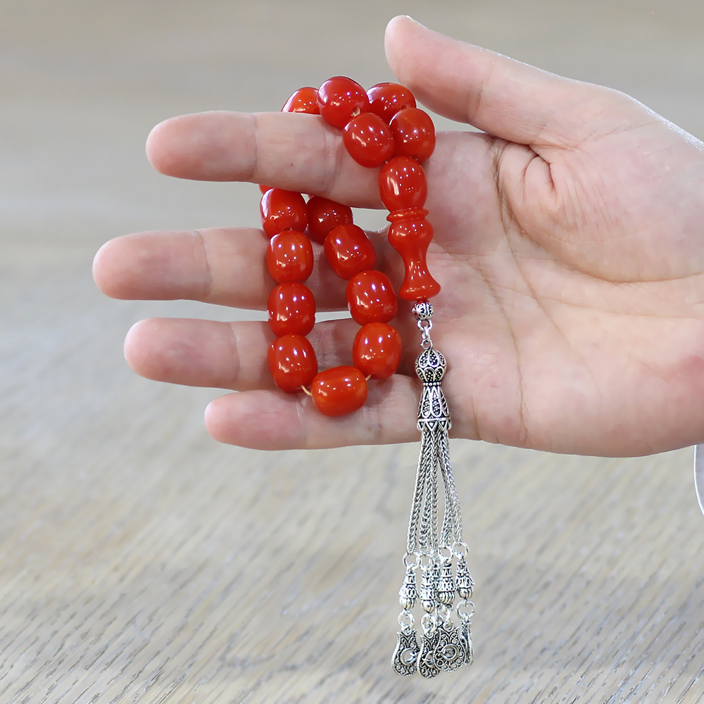 Ateş Kehribar Efe Tesbih - 5 Kamçılı Kararmaz Metal Püsküllü - Turuncu Renk - Kapsül Kesim - 2