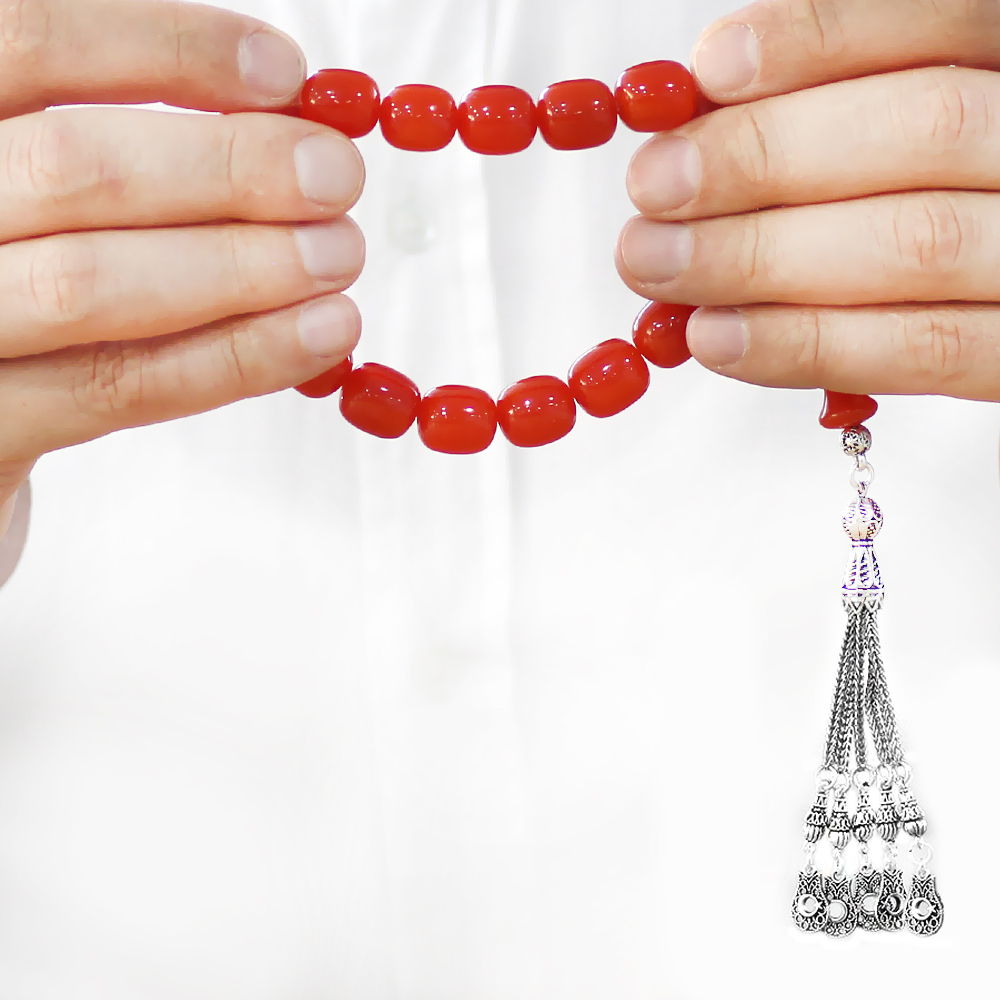 Ateş Kehribar Efe Tesbih - 5 Kamçılı Kararmaz Metal Püsküllü - Turuncu Renk - Kapsül Kesim - 3