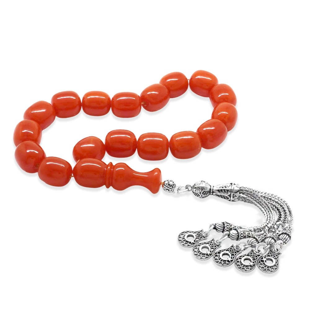 Ateş Kehribar Efe Tesbih - 5 Kamçılı Kararmaz Metal Püsküllü - Turuncu Renk - Kapsül Kesim - 4