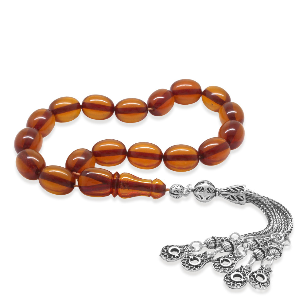 Ateş Kehribar Efe Tesbih - 5 li Kamçı Kararmaz Metal Püsküllü - Bal Rengi - Özel Kesim - 4