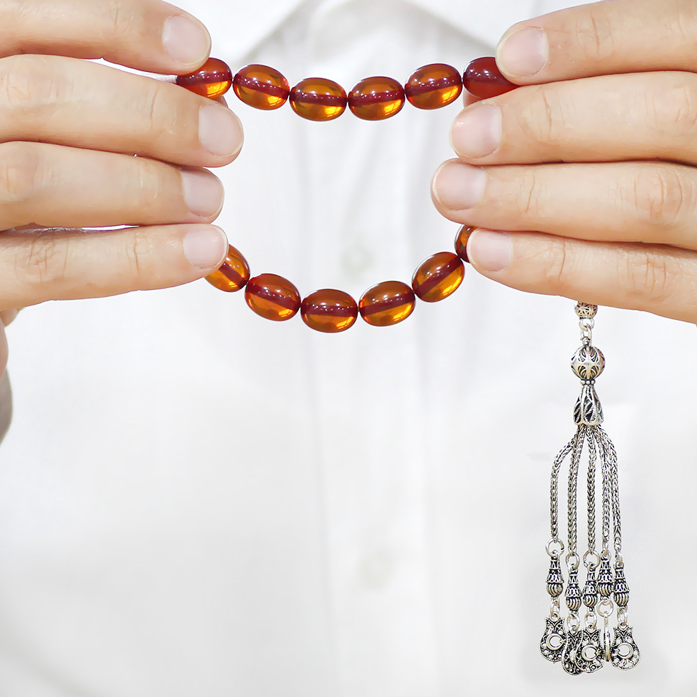 Ateş Kehribar Efe Tesbih - 5 li Kamçı Kararmaz Metal Püsküllü - Bal Rengi - Özel Kesim - 3