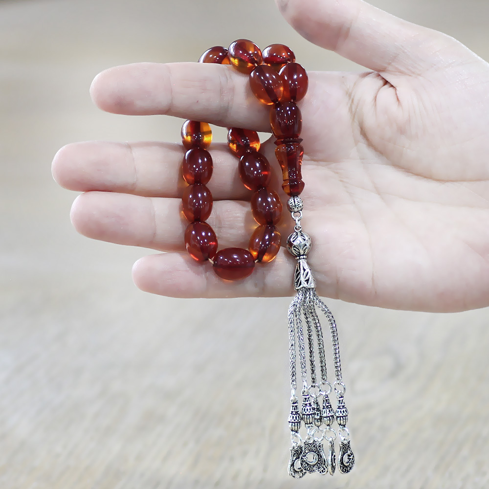 Ateş Kehribar Efe Tesbih - 5 li Kamçı Kararmaz Metal Püsküllü - Bal Rengi - Özel Kesim - 2