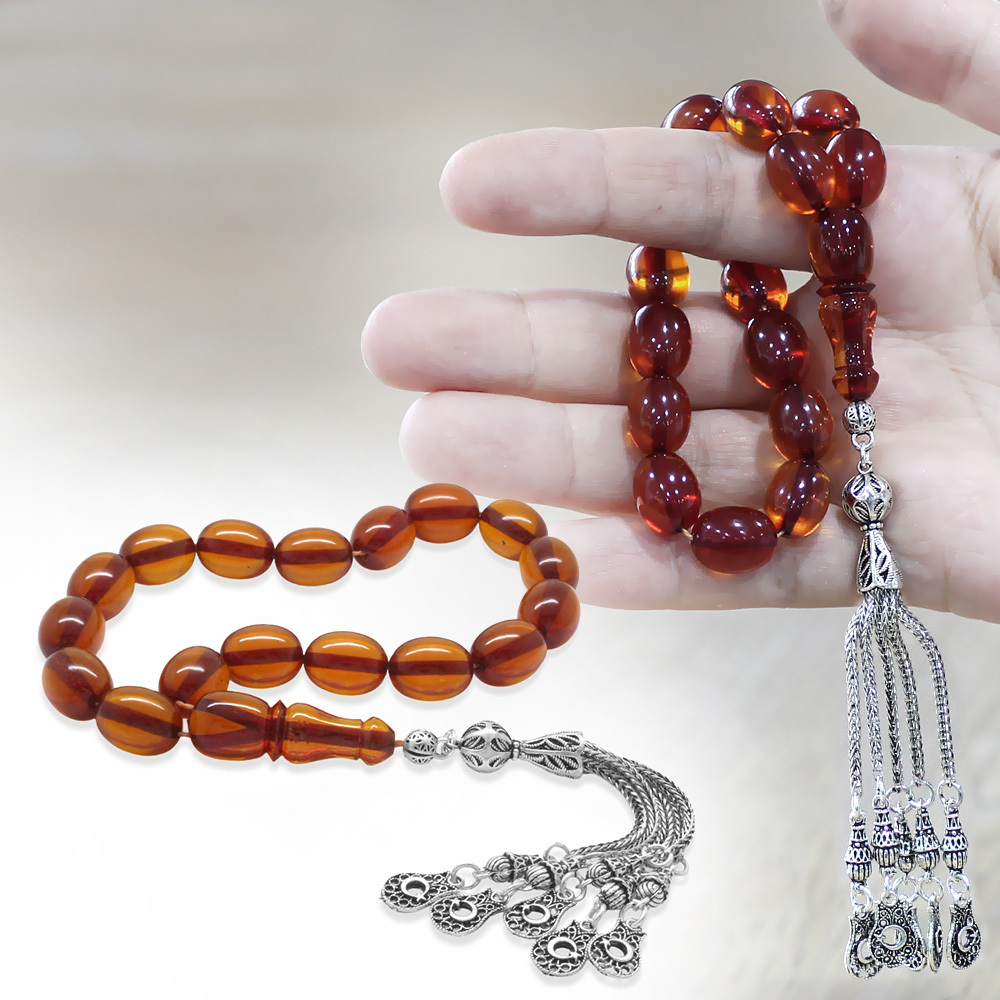 Ateş Kehribar Efe Tesbih - 5 li Kamçı Kararmaz Metal Püsküllü - Bal Rengi - Özel Kesim - 1