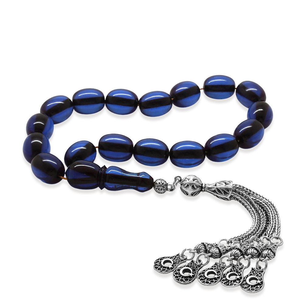 Ateş Kehribar Efe Tesbih - 5 li Kamçı Kararmaz Metal Püsküllü - Lacivert Renk - Özel Kesim - 4