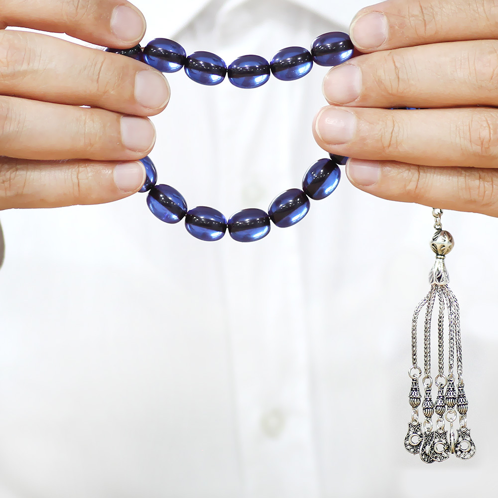 Ateş Kehribar Efe Tesbih - 5 li Kamçı Kararmaz Metal Püsküllü - Lacivert Renk - Özel Kesim - 3