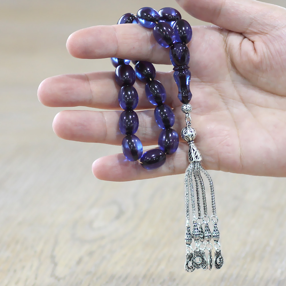 Ateş Kehribar Efe Tesbih - 5 li Kamçı Kararmaz Metal Püsküllü - Lacivert Renk - Özel Kesim - 2