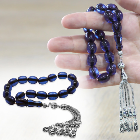 Ateş Kehribar Efe Tesbih - 5 li Kamçı Kararmaz Metal Püsküllü - Lacivert Renk - Özel Kesim - Tesbihane