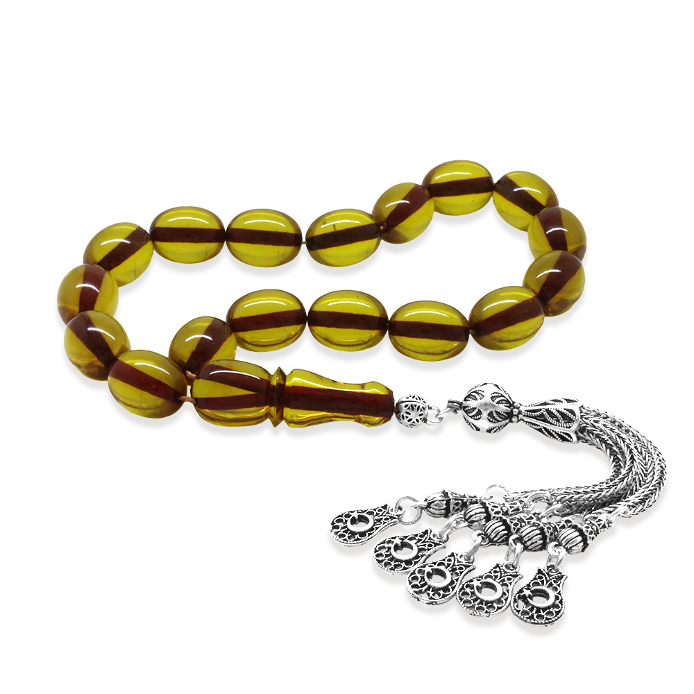 Ateş Kehribar Efe Tesbih - 5 li Kamçı Kararmaz Metal Püsküllü - Sarı Renk - Özel Kesim - 4