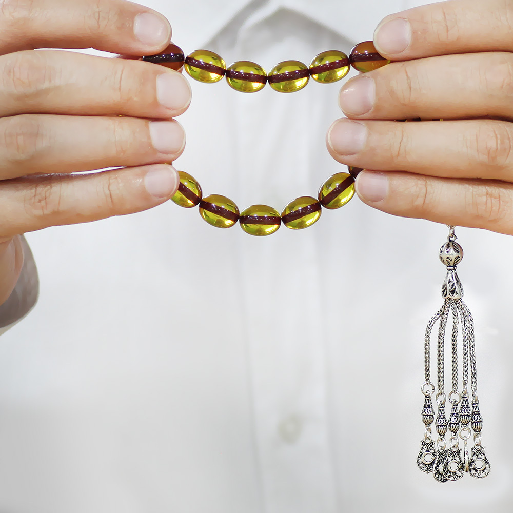 Ateş Kehribar Efe Tesbih - 5 li Kamçı Kararmaz Metal Püsküllü - Sarı Renk - Özel Kesim - 3