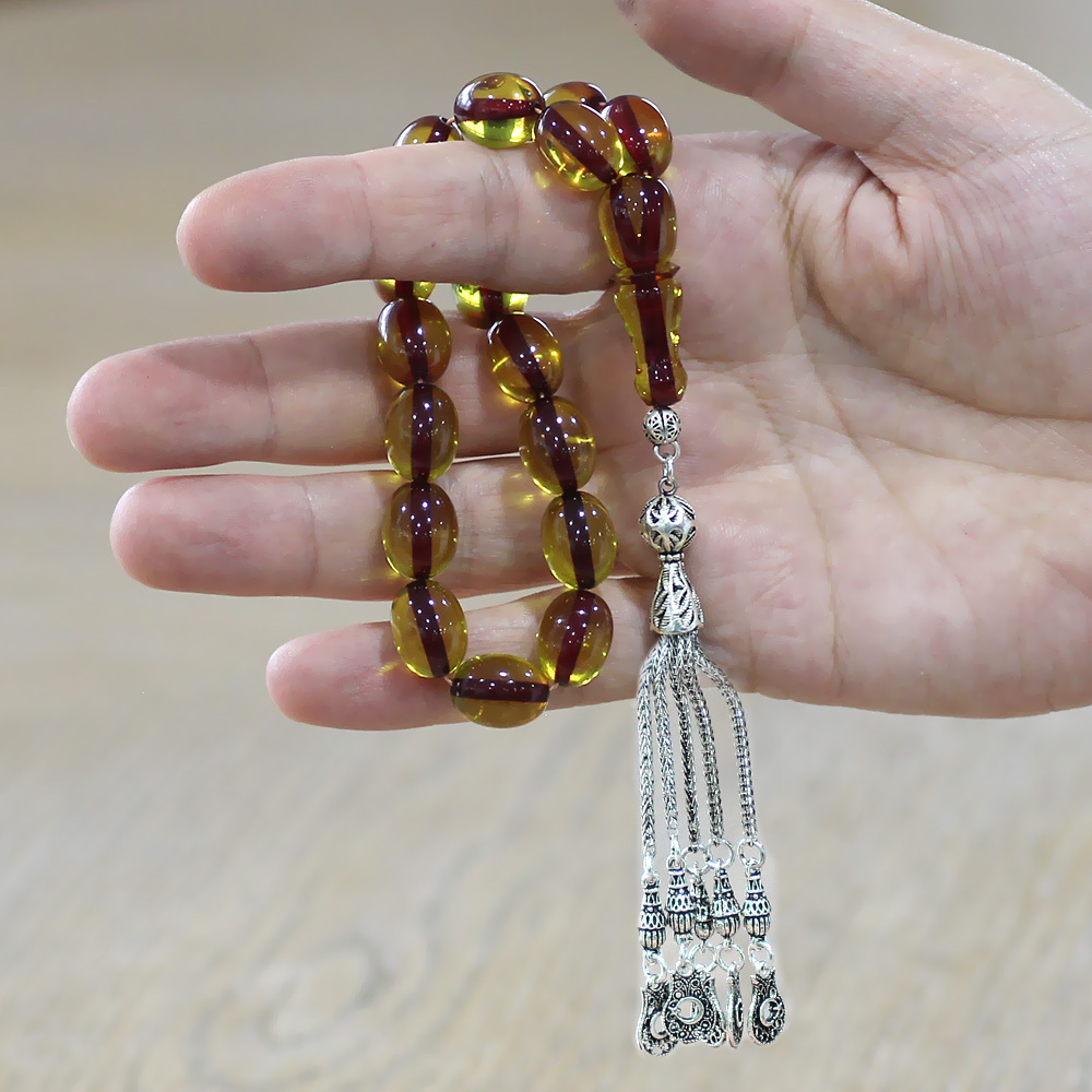 Ateş Kehribar Efe Tesbih - 5 li Kamçı Kararmaz Metal Püsküllü - Sarı Renk - Özel Kesim - 2