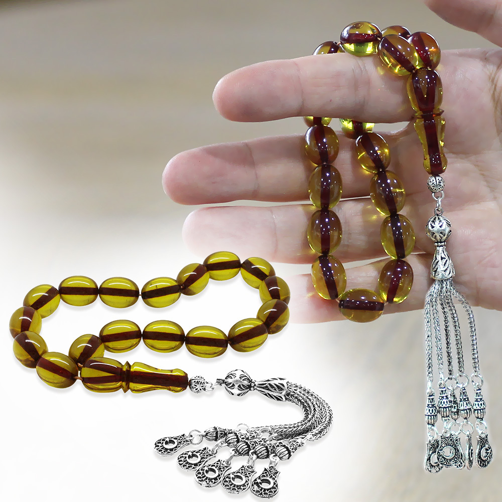 Ateş Kehribar Efe Tesbih - 5 li Kamçı Kararmaz Metal Püsküllü - Sarı Renk - Özel Kesim - 1